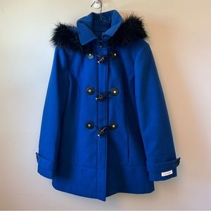 Royal Blue Calvin Klein Pea Coat with Faux Fur Trimmed Hood Size M